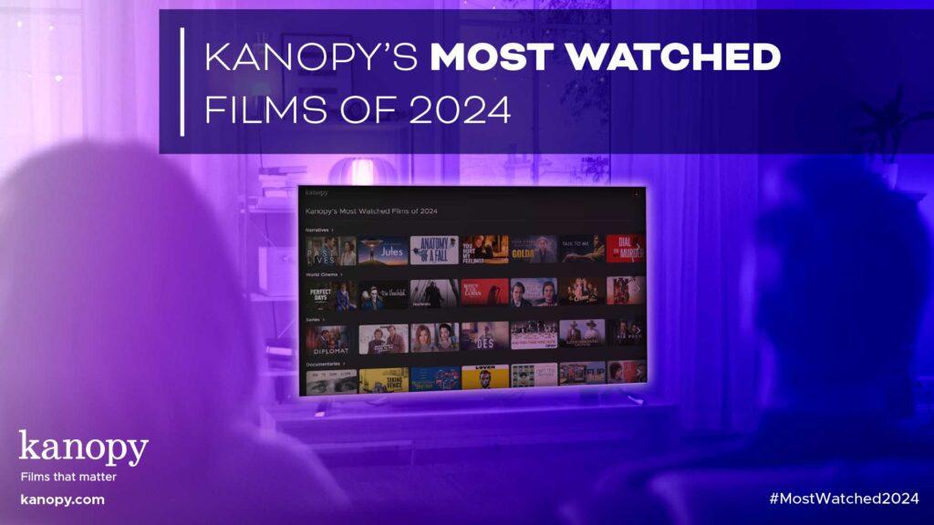 TV displaying Kanopy's "Most Watched Films of 2024" in a living room with purple lighting.