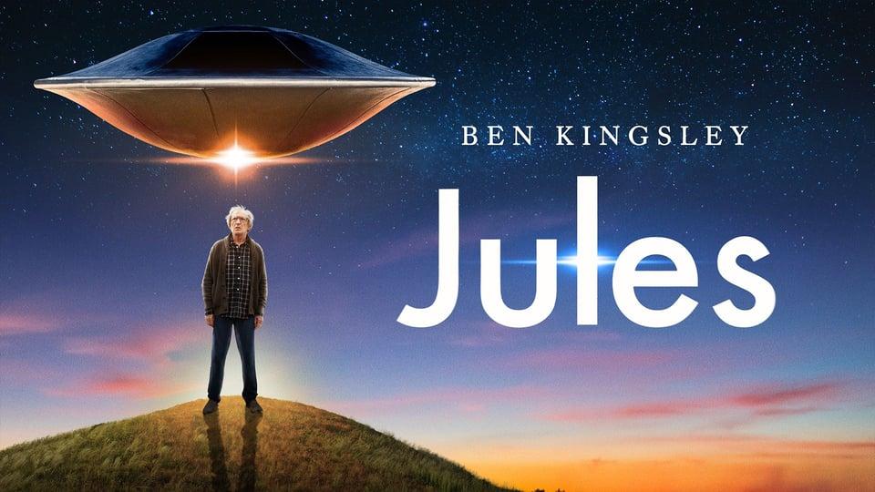 A man stands on a hill under a hovering UFO. Text: Ben Kingsley, Jules.