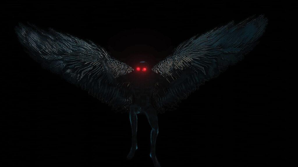 A dark, feathered-winged figure with glowing red eyes set against a pitch-black background.