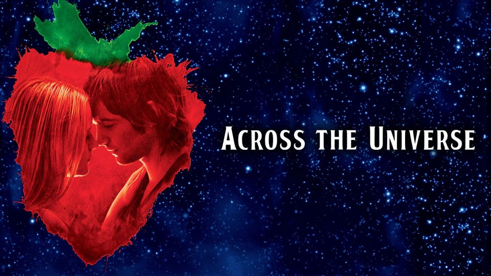 Romantic couple in red silhouette, forming a heart shape, with "Across the Universe" text on a starry blue background.