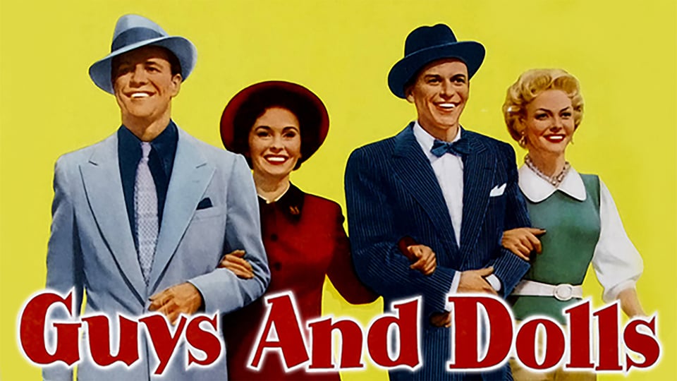 Four characters from "Guys and Dolls" dressed in 1950s attire stand against a yellow background.