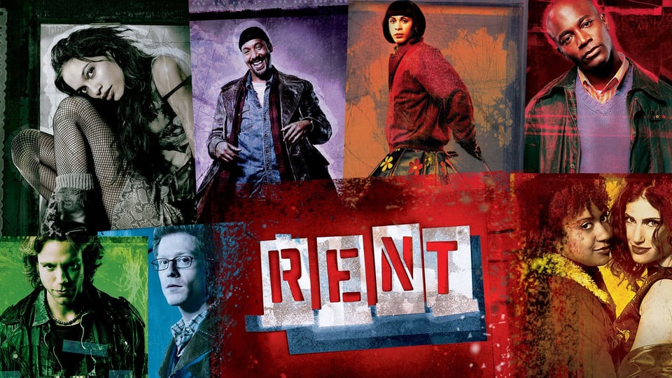 A collage of characters from the musical "Rent" with the title prominently displayed in the center.