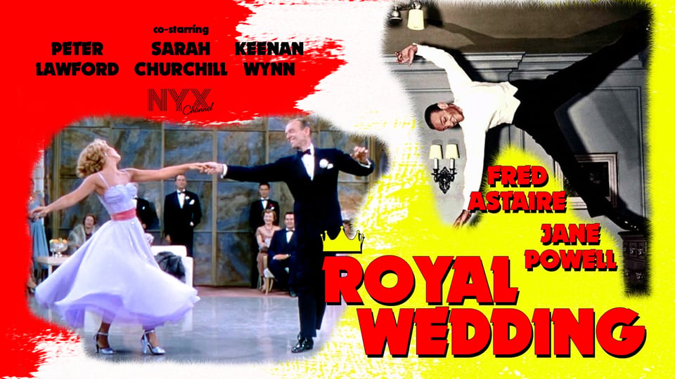 Poster for "Royal Wedding" featuring dancers in formal attire, vibrant red and yellow text, and cast names.