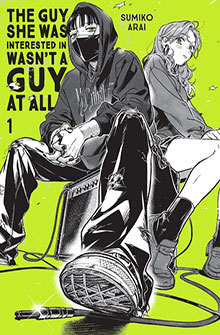 Manga cover: a masked person in a hoodie sits next to a girl, with bold yellow and black text above them.
