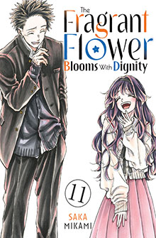 A boy in a school uniform and a smiling girl in a pink skirt stand by the cover of "The Fragrant Flower" volume 11.