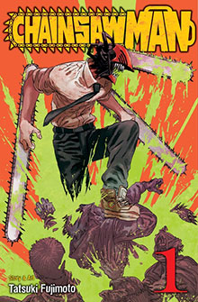 A man with a chainsaw head and arms attacks monsters on a bright green and orange "Chainsaw Man" manga cover.