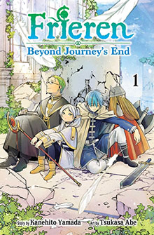 Four fantasy characters rest in front of ancient ruins; cover of "Frieren: Beyond Journey’s End" manga, volume 1.