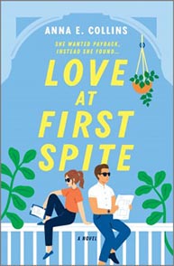 Book cover of "Love at First Spite" by Anna E. Collins, featuring a couple sitting on a porch with a blue sky background.