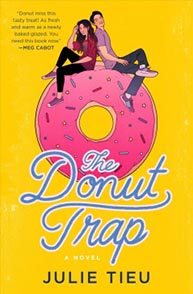 A book cover of "The Donut Trap" by Julie Tieu featuring two people sitting on a giant donut.