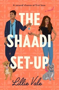 Book cover of "The Shaadi Set-Up" by Lillie Vale featuring a couple, a dog, and a cat with an orange patterned background.