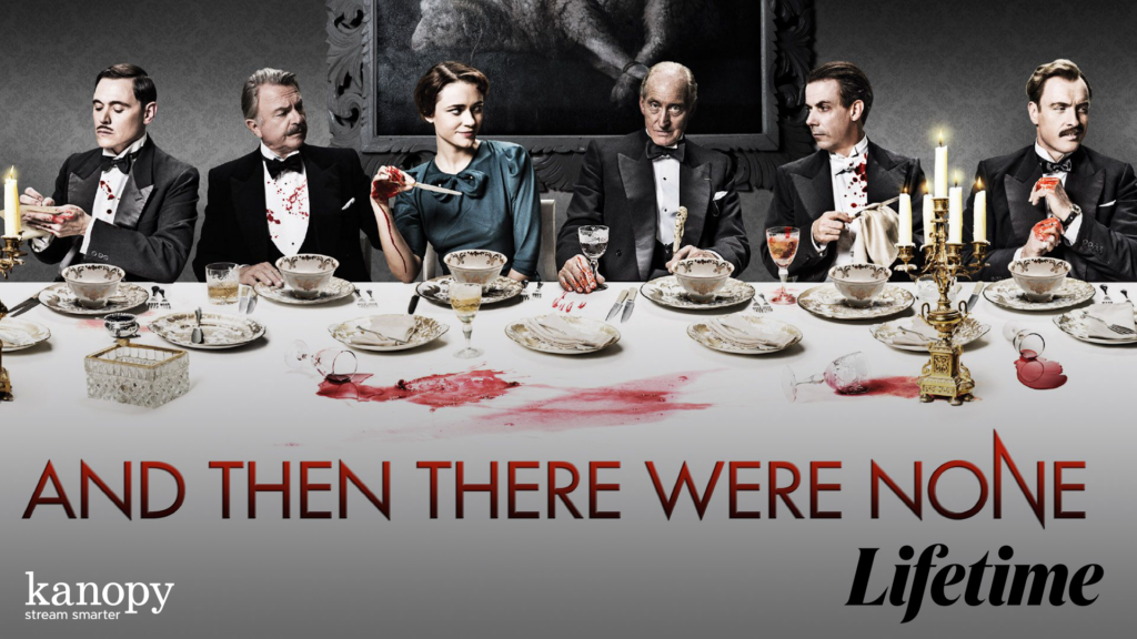 Six people in formal wear sit at a blood-stained dinner table, looking tense; text reads "And Then There Were None.