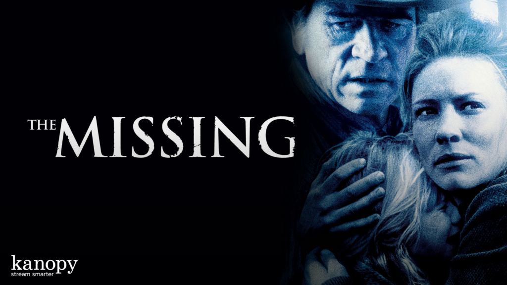 A worried man and woman embrace a child; the text reads "The Missing." Kanopy logo appears in the corner.