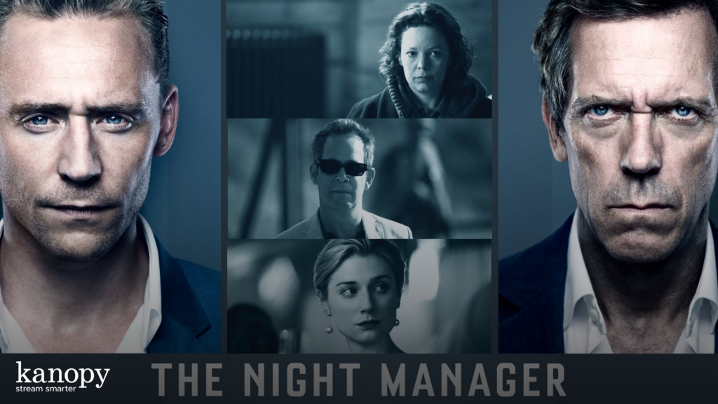 Split-screen image shows two serious men, three other characters, and the title "The Night Manager" for a TV series.