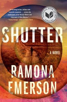 Cover of "Shutter" by Ramona Emerson, featuring a lens over a desert landscape with a National Book Award badge.