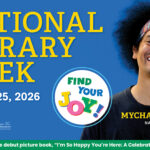 Smiling man with an afro celebrates National Library Week, April 19–25, 2026, with “Find Your Joy!” text.