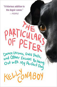 Cover of "The Particulars of Peter" by Kelly Conaboy featuring a close-up of a dog's face and colorful text.