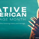 Silhouette of a Native American in traditional attire with text promoting Native American Heritage Month films.