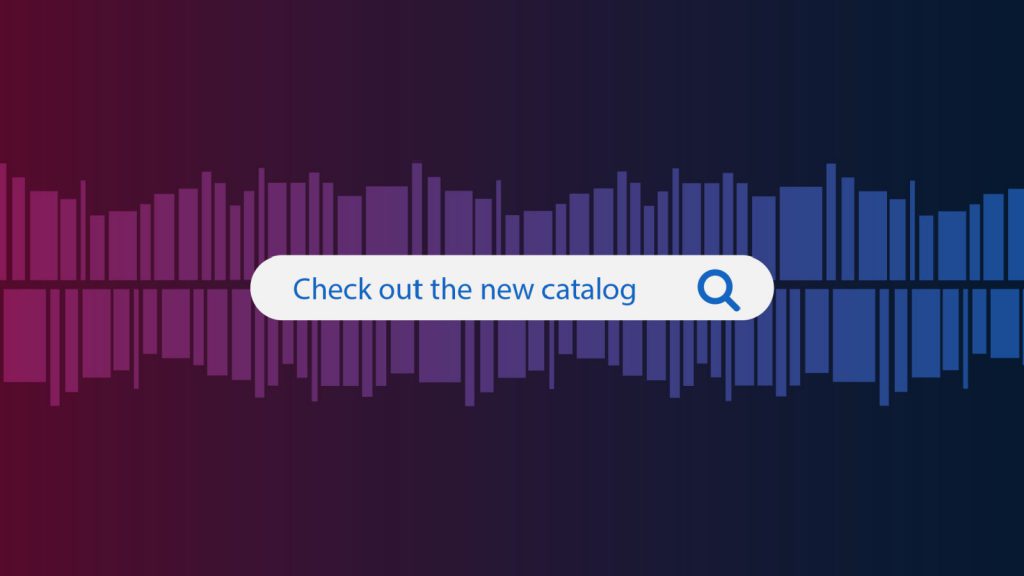 Search bar with text "Check out the new catalog" over soundwave-like graphics on a gradient purple to blue background.