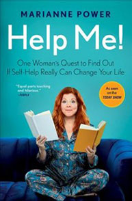 Cover of the book "Help Me!" by Marianne Power, showing a woman holding two books while sitting on a blue couch.