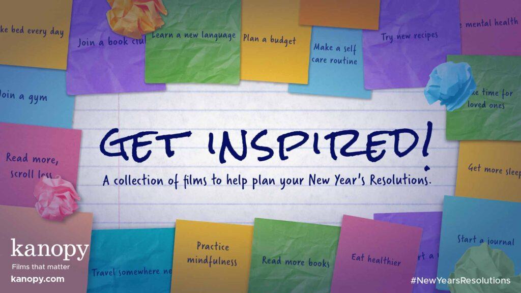 Sticky notes with New Year's resolutions surround the words "Get Inspired" on a lined paper background.