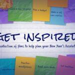 Sticky notes with New Year's resolutions surround the words "Get Inspired" on a lined paper background.