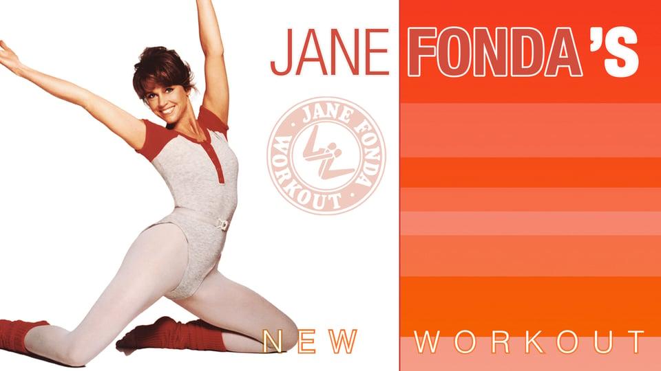 Woman in workout attire poses energetically on a fitness-themed poster with text: "Jane Fonda's New Workout.