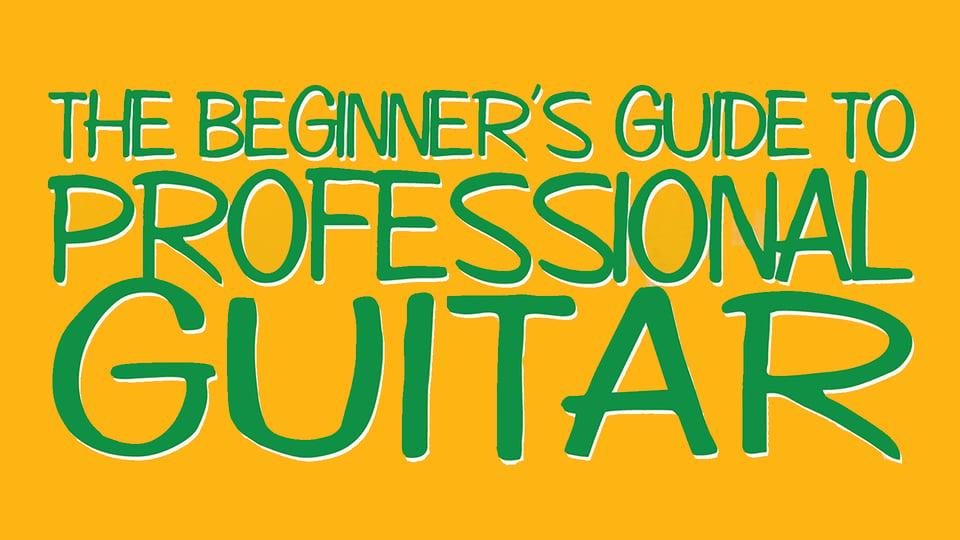 Text reads: "The Beginner's Guide to Professional Guitar" in green on a yellow background.