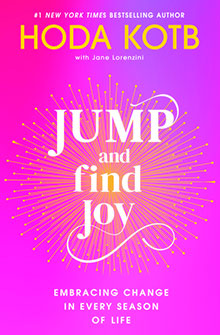 Book cover for "Jump and Find Joy" by Hoda Kotb, with a pink and yellow sunburst background and bold text.