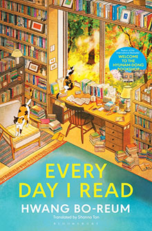 Illustrated cozy room with bookshelves, cats, and a window with bright trees. "Every Day I Read" on cover.