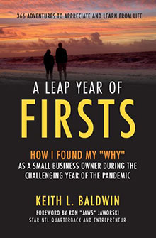 Book cover showing two people on a beach at sunset; title reads "A Leap Year of Firsts" by Keith L. Baldwin.