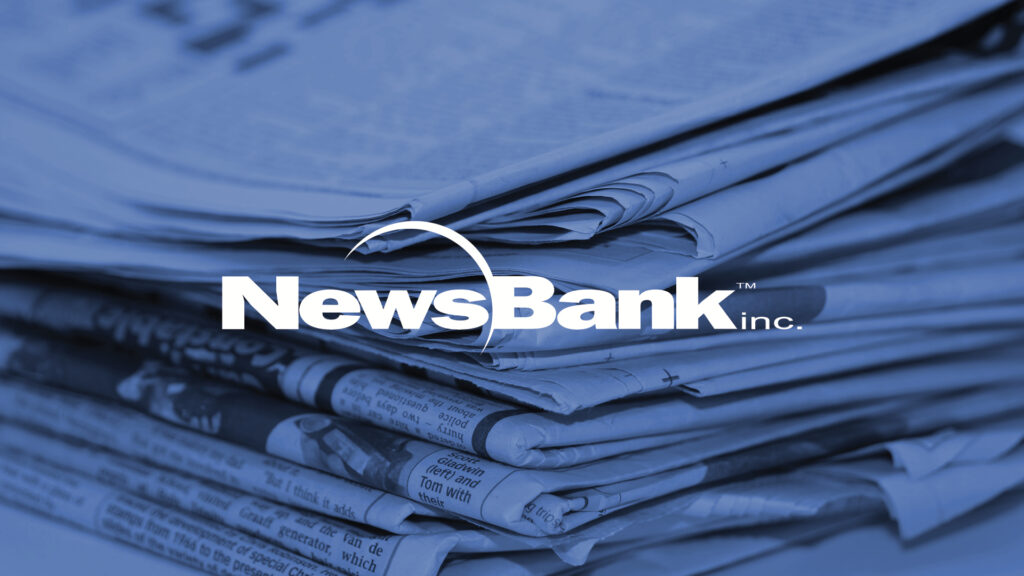 A stack of newspapers with the NewsBank Inc. logo overlaid in white on a blue background.