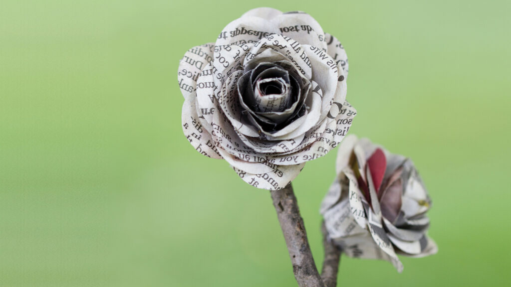 Two paper roses made from printed text on a branch, set against a plain green background.