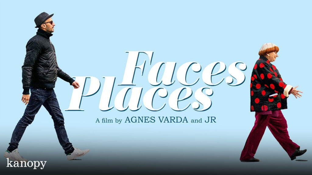 Two people walk in opposite directions in front of the "Faces Places" film title on a light blue background.