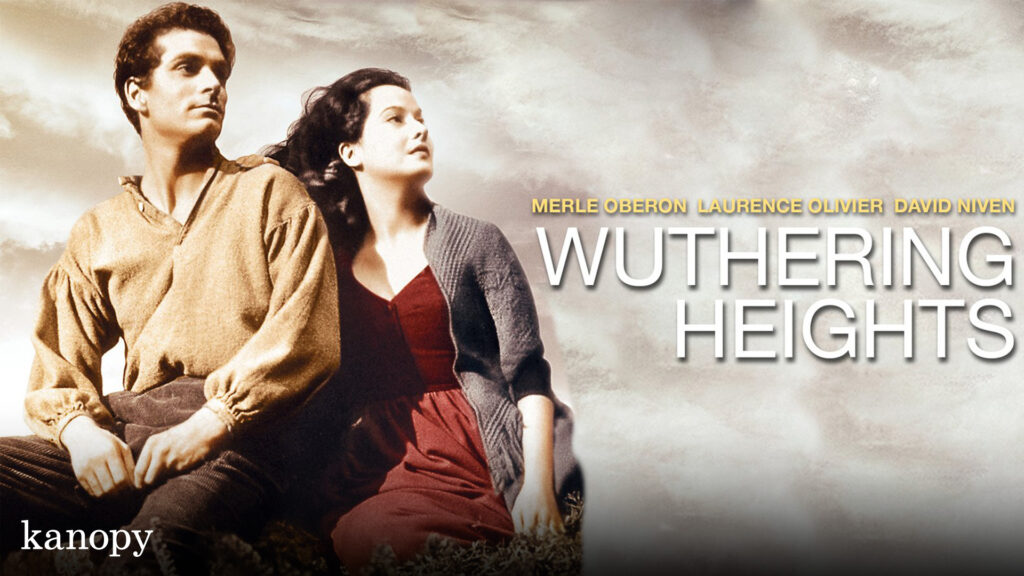 A man and woman sit together outdoors with cloudy skies; text reads "Wuthering Heights" and lists actors’ names.