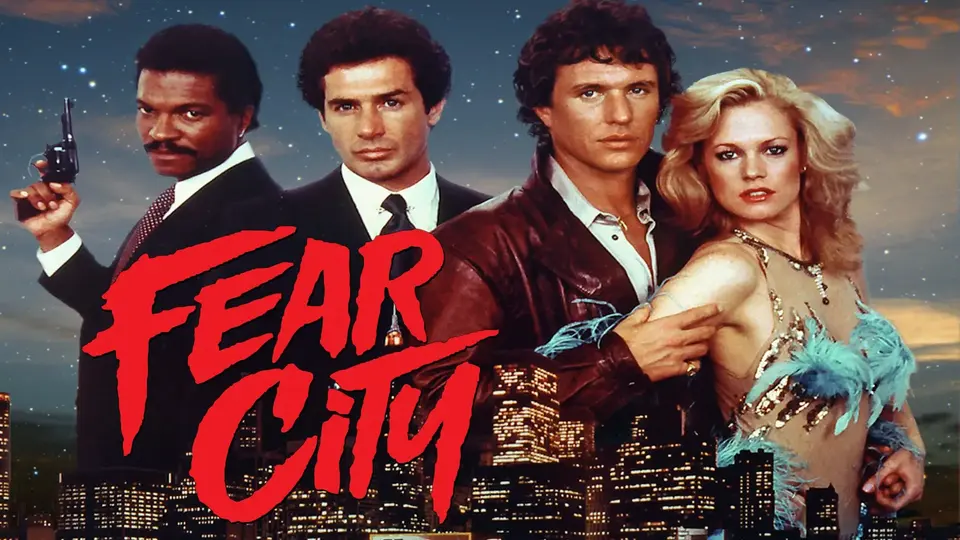 Four serious people, one with a gun, stand in front of a city skyline with the red title "Fear City.