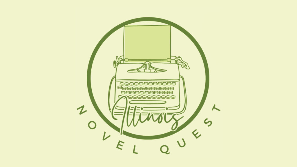 Logo with a green typewriter, the word "Illinois," and the text "Novel Quest" in a circular design.