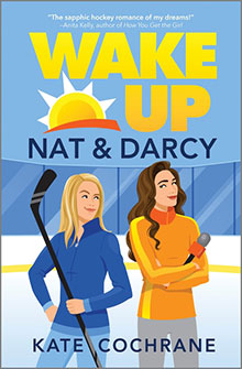 Two women stand on an ice rink; one holds a hockey stick, the other holds a microphone. Book title above.