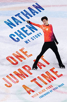 Figure skater Nathan Chen poses on ice; book title "One Jump at a Time: My Story" appears diagonally.