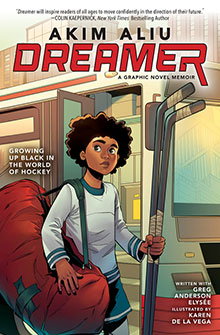 A young Black boy with hockey gear stands in a locker room; "DREAMER" is the bold title above him.