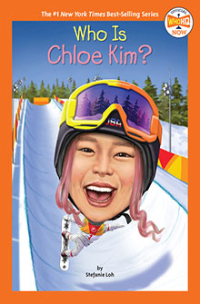 Illustrated book cover of "Who Is Chloe Kim?" showing Chloe snowboarding on a halfpipe with a big smile.