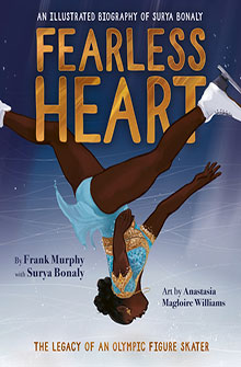 A Black figure skater performs a backflip on ice; book cover titled "Fearless Heart.