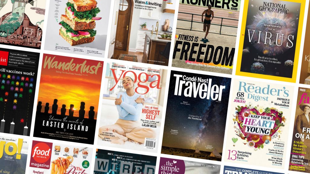 A collage of various magazine covers featuring topics such as travel, health, food, fitness, science, and lifestyle.