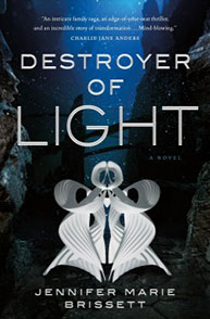 Book cover of "Destroyer of Light" by Jennifer Marie Brissett, featuring abstract white shapes against a dark background.