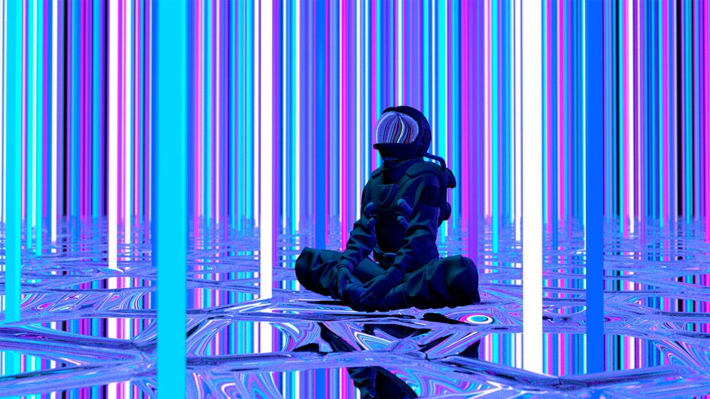 Person in a futuristic suit sitting cross-legged, surrounded by vertical neon lights in a mirrored, digital-like space.