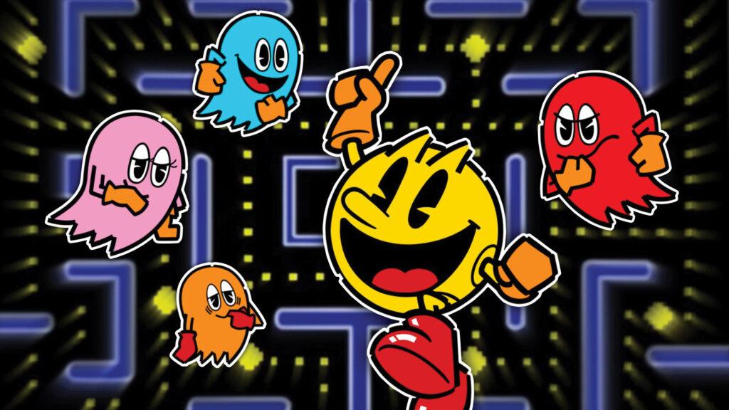 Pac-Man smiles and raises a fist, surrounded by four colorful ghosts on a glowing maze background.