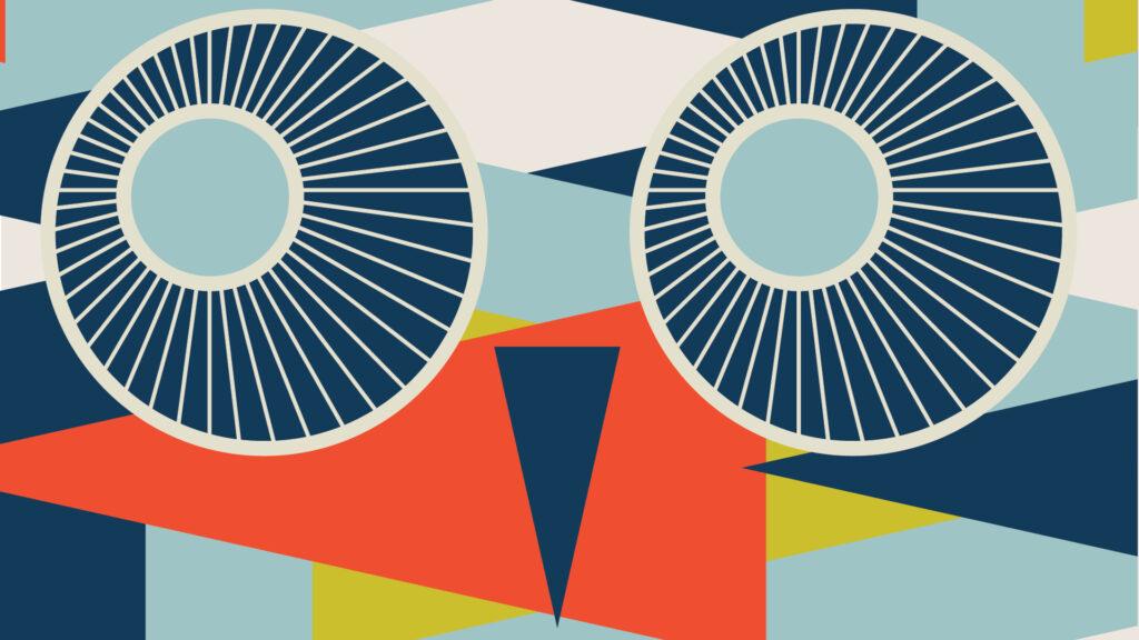 Abstract geometric art with two circular shapes and a navy triangle on colorful, angular background.