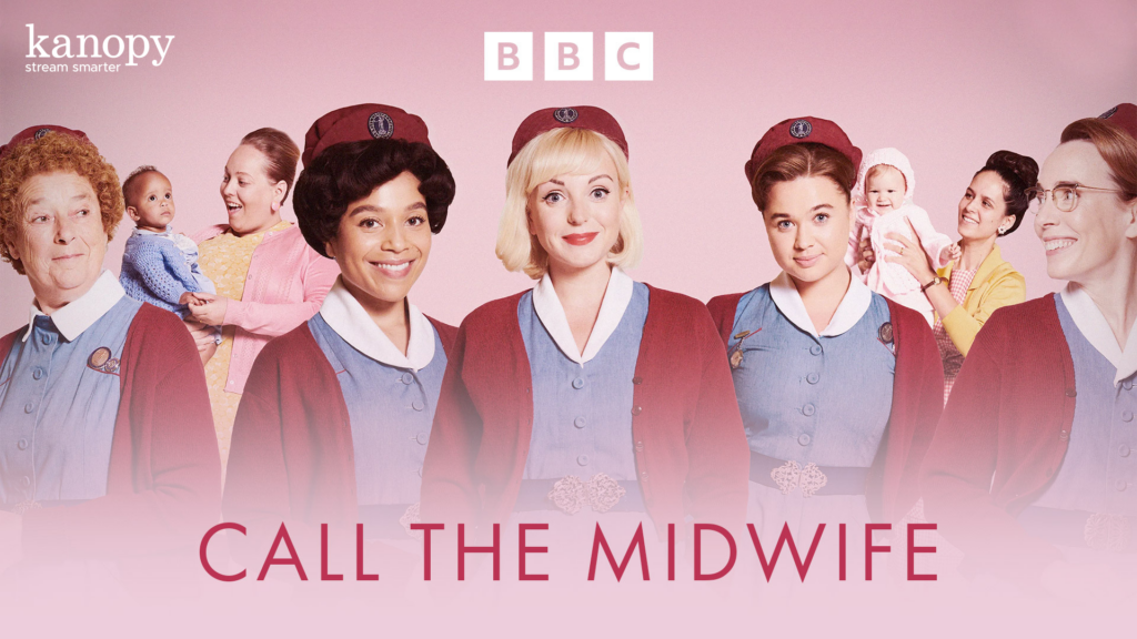 Five women in nurse uniforms and mothers with babies, with "Call the Midwife" and BBC logos above them.