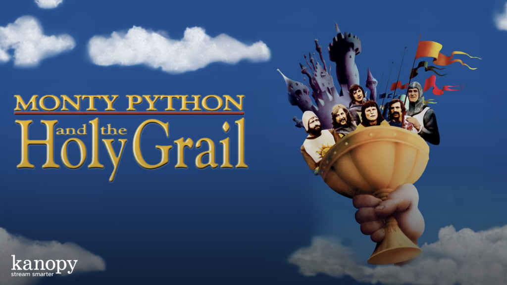 Movie poster for "Monty Python and the Holy Grail" with cast in a golden grail against a blue sky with clouds.