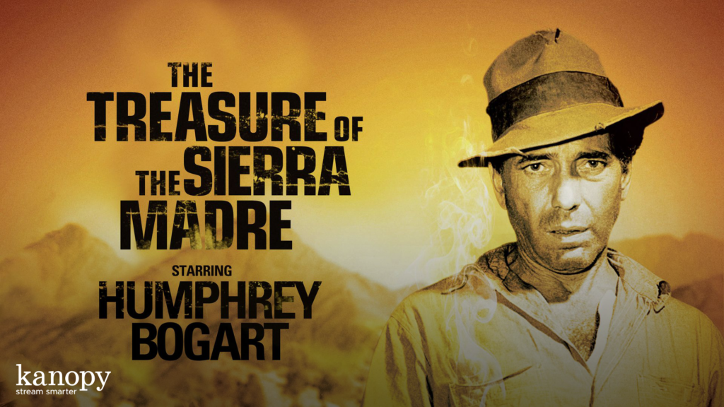 Movie poster for "The Treasure of the Sierra Madre" showing a serious man in a hat with mountains in the background.
