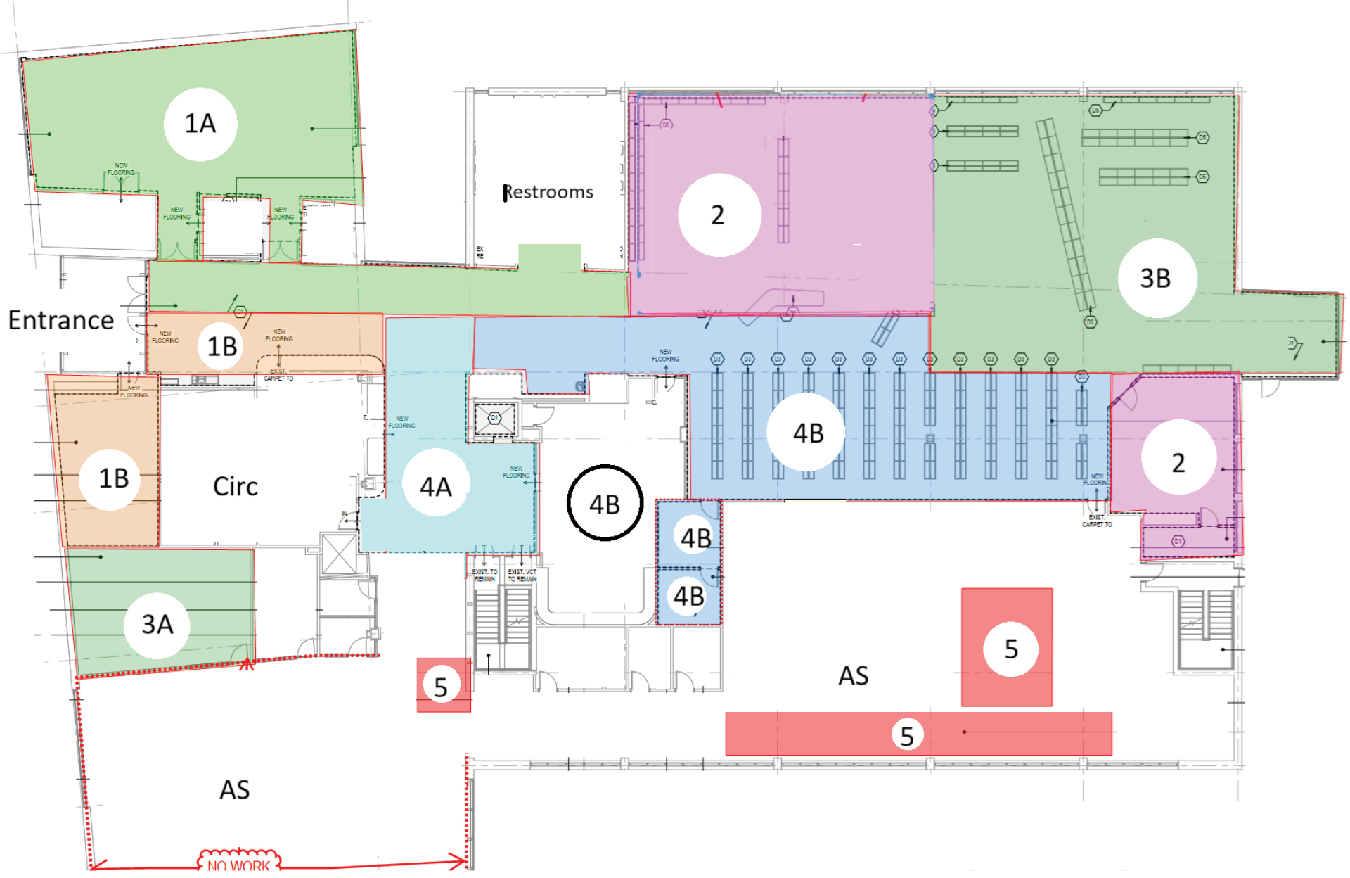 A color-coded building floor plan with labeled sections, an entrance, restrooms, and various rooms.